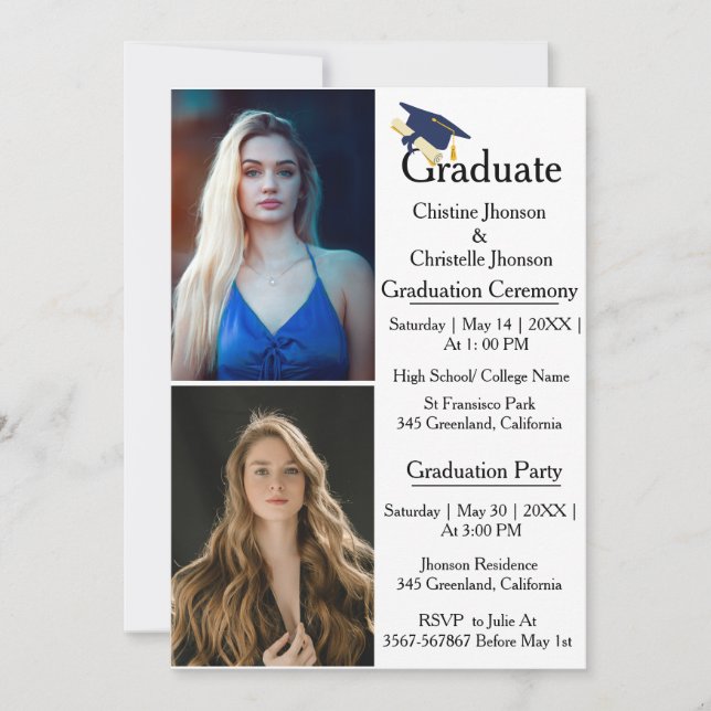 Double graduation ceremony 2 photo Graduation  Announcement (Front)