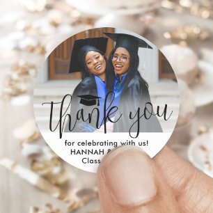 Double Graduation Party Joint Photo Thank You Classic Round Sticker