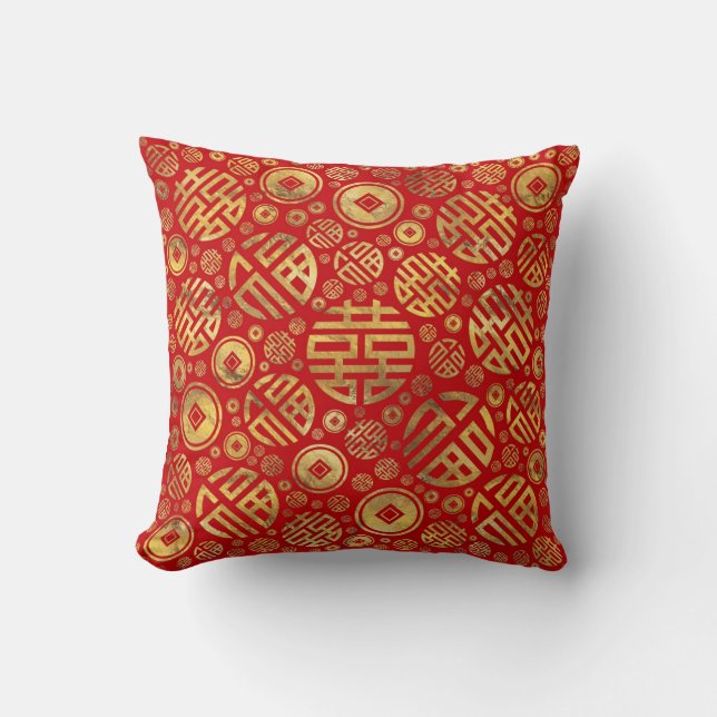 Double Happiness and Chinese coins pattern Cushion (Front)