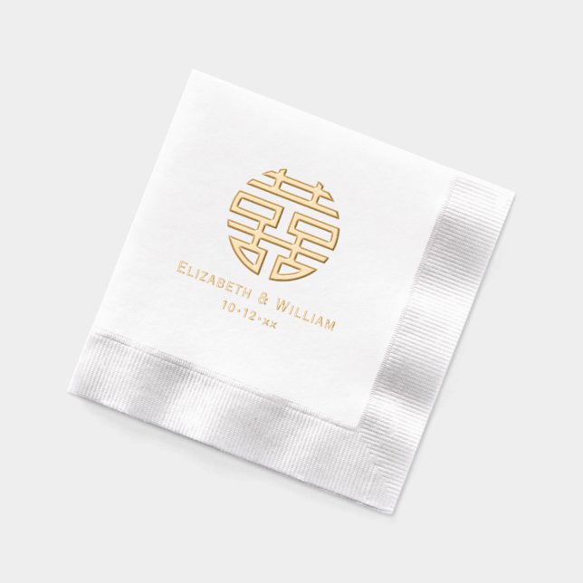 Double Happiness Chinese Symbol Wedding Names Date Foil Napkins (Left)