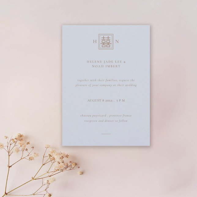 Double Happiness Dusty Blue & Gold Chinese Wedding Invitation (Creator Uploaded)