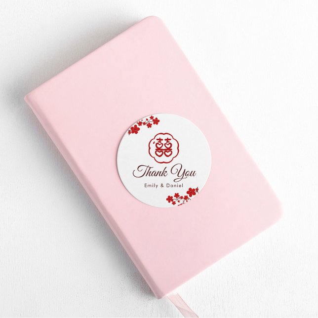 Double Happiness Elegant Chinese Wedding Thank You Classic Round Sticker (Creator Uploaded)