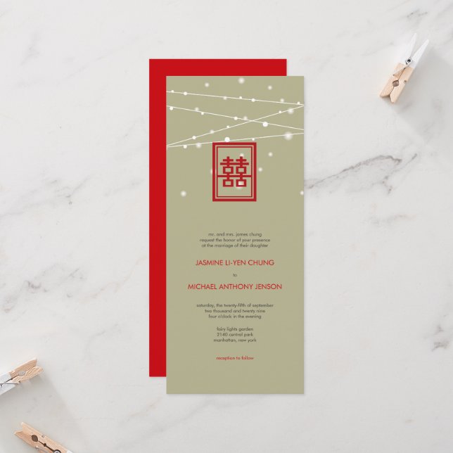 Double Happiness Fairy Lights Chic Chinese Wedding Invitation (Front/Back In Situ)