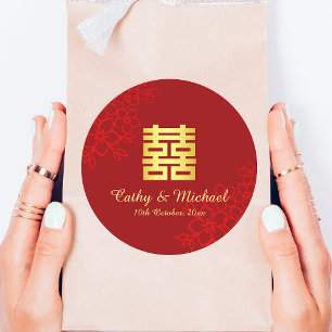 Double happiness floral background Chinese wedding Classic Round Sticker