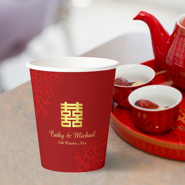 Double happiness floral background Chinese wedding Paper Cups (Creator Uploaded)
