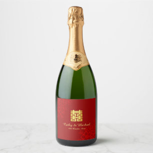 Double happiness floral background Chinese wedding Sparkling Wine Label