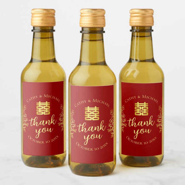 Double happiness floral thank you chinese wedding  wine label (Bottles)