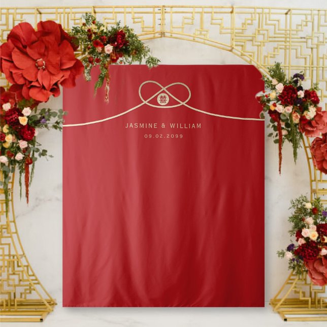 Double Happiness Gold Knot Wedding Photo Backdrop Tapestry (Simple Double Happiness Gold Knot Chinese Wedding Photo Backdrop Tapestry @ fatfatin_red_knot)
