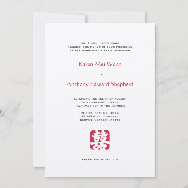 Double happiness hei red asian wedding invitation (Front)