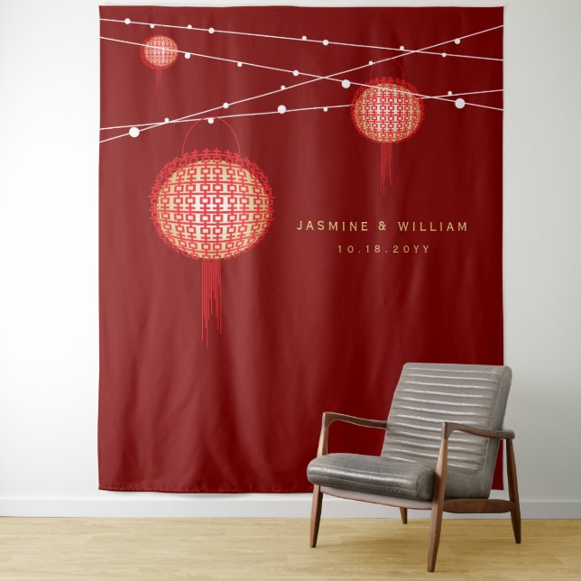 Double Happiness Lanterns Wedding Photo Backdrop Tapestry (In Situ)