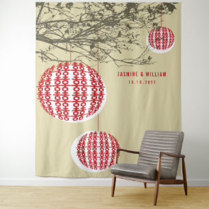 Double Happiness Lanterns Wedding Photo Backdrop Tapestry