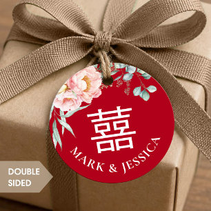 Double Happiness Peony Red Wedding Round Favour Tags