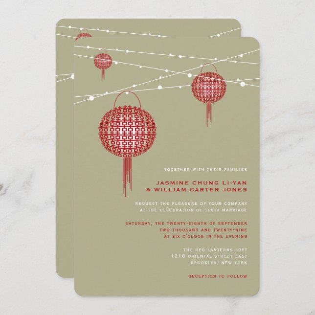 Double Happiness Red Lanterns Chic Chinese Wedding Invitation (Front/Back)