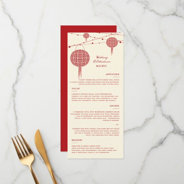 Double Happiness Red Lanterns Chic Chinese Wedding Menu (Front/Back In Situ)