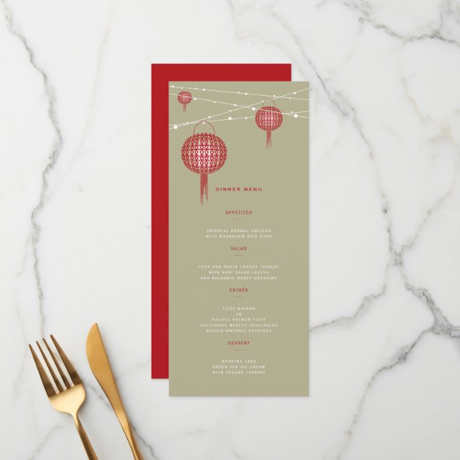Double Happiness Red Lanterns Chic Chinese Wedding Menu (Front/Back In Situ)