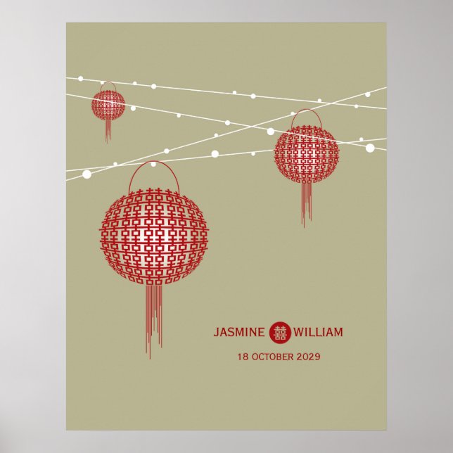 Double Happiness Red Lanterns Chic Chinese Wedding Poster (Front)