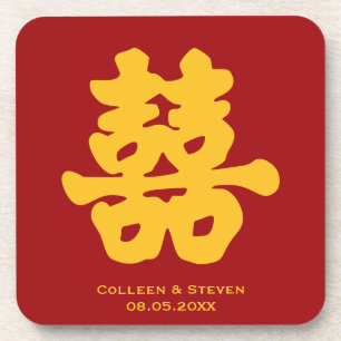 Double happiness red yellow Chinese hei wedding Coaster