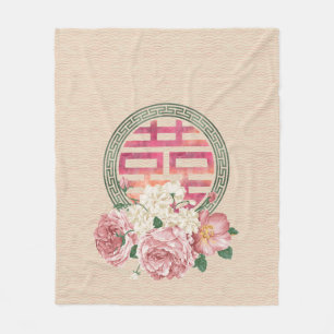 Double Happiness Symbol on Gentle Peony pattern Fleece Blanket