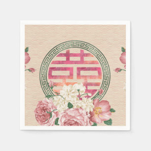 Double Happiness Symbol on Gentle Peony pattern Napkin