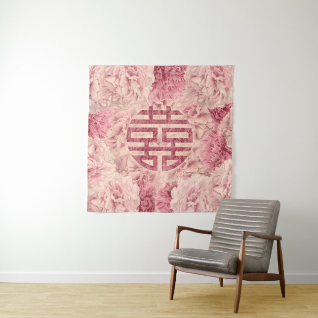 Double Happiness Symbol on  Peony flowers Tapestry (In Situ)