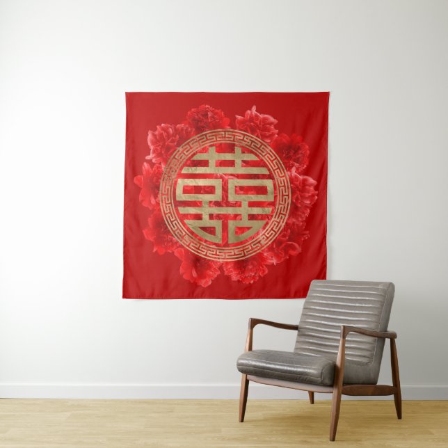 Double Happiness Symbol on Red Peonies Tapestry (In Situ)