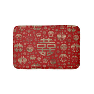 Double Happiness Symbol pattern - Gold on red Bath Mat