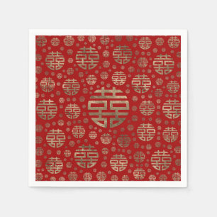 Double Happiness Symbol pattern - Gold on red Napkin