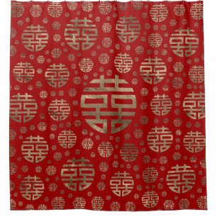 Double Happiness Symbol pattern - Gold on red Shower Curtain
