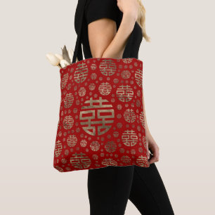 Double Happiness Symbol pattern - Gold on red Tote Bag