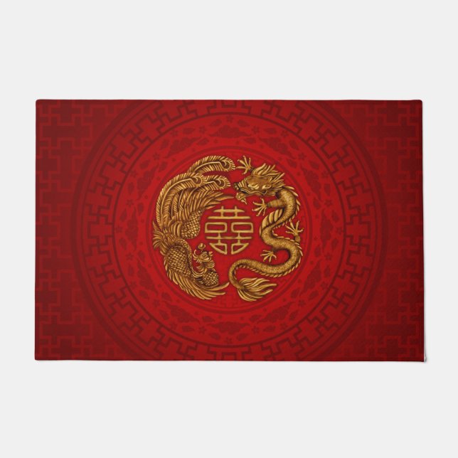 Double Happiness Symbol with Phoenix and Dragon Doormat (Front)