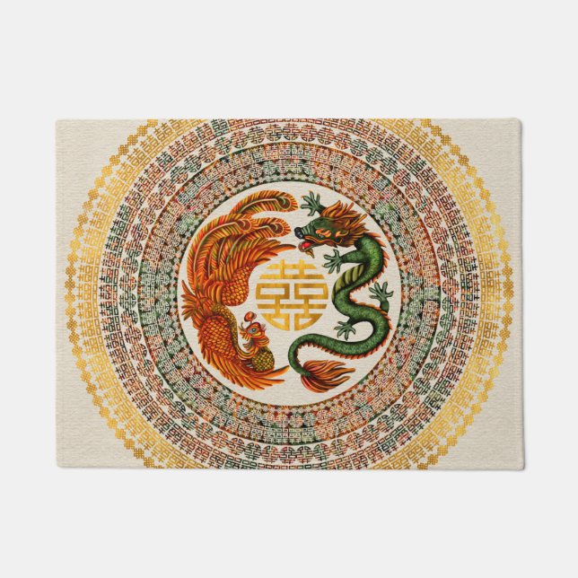 Double Happiness Symbol with Phoenix and Dragon Doormat (Front)