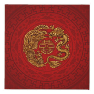 Double Happiness Symbol with Phoenix and Dragon Faux Canvas Print