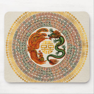 Double Happiness Symbol with Phoenix and Dragon Mouse Pad
