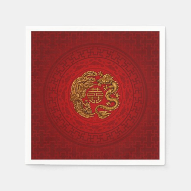 Double Happiness Symbol with Phoenix and Dragon Napkin (Front)