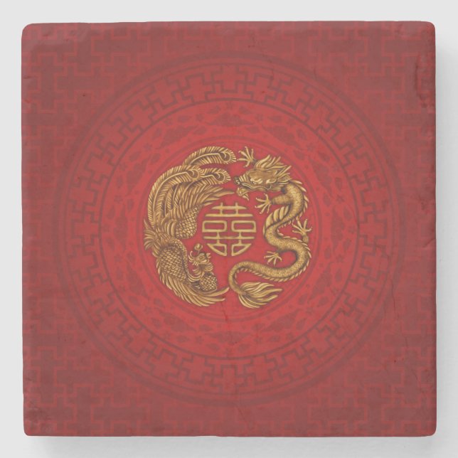 Double Happiness Symbol with Phoenix and Dragon Stone Coaster (Front)