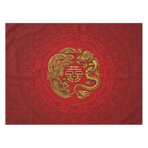 Double Happiness Symbol with Phoenix and Dragon Tablecloth