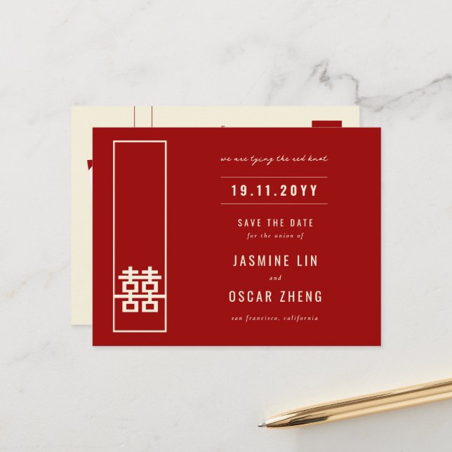 Double Happiness Wedding Save The Date Postcard (Front/Back In Situ)