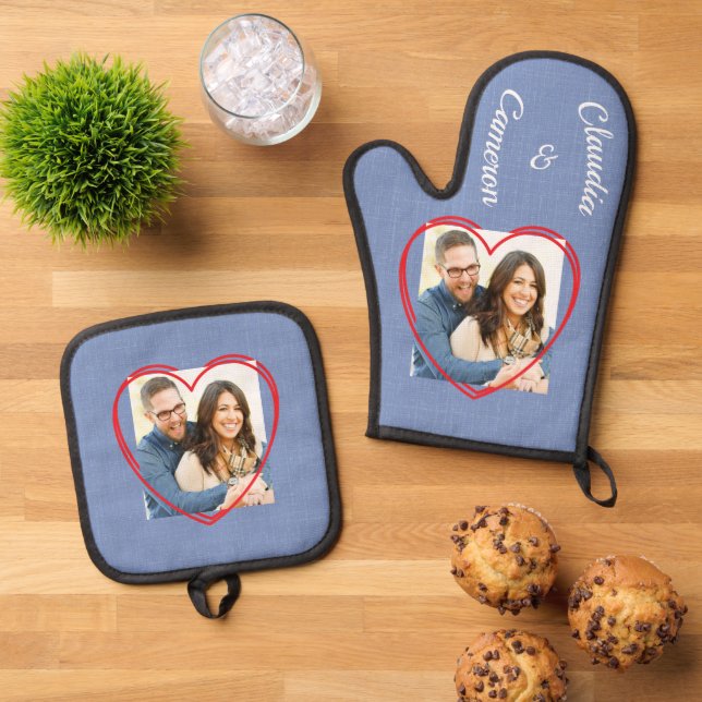 Double heart personalised photo & names on blue oven mitt & pot holder set (Top Down)