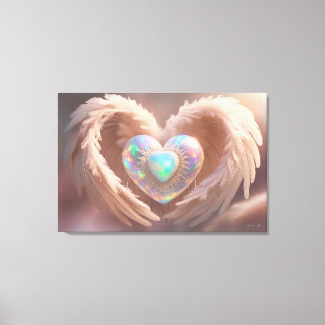 *~*  Double Heart White Angel Wings AP78 Opal  Canvas Print (Front)