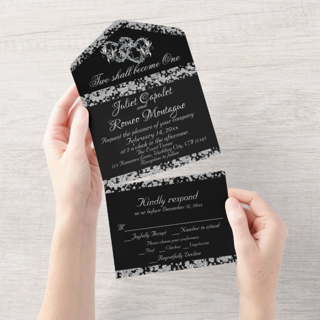 Double Hearts & Glitter - Black All In One Invitation (Tearaway)