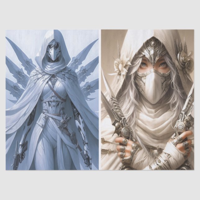 Double Image of Woman Warrior in White Decoupage Tissue Paper (Front)