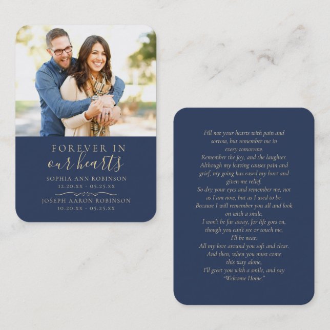 Double Memorial Photo Gold Script Blue Prayer Card (Front/Back)