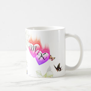 Double Monogram Flaming Hearts with Flowers Coffee Mug