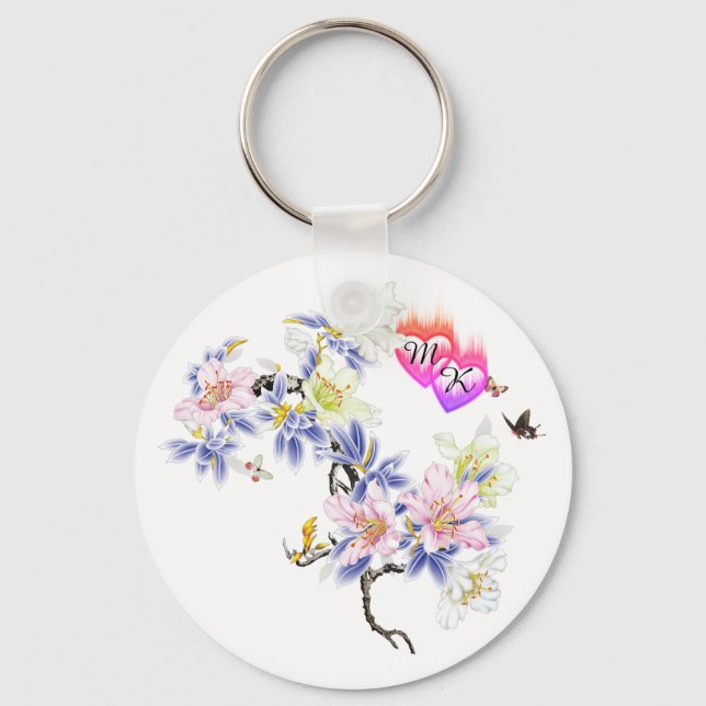 Double Monogram Flaming Hearts with Flowers Key Ring (Front)