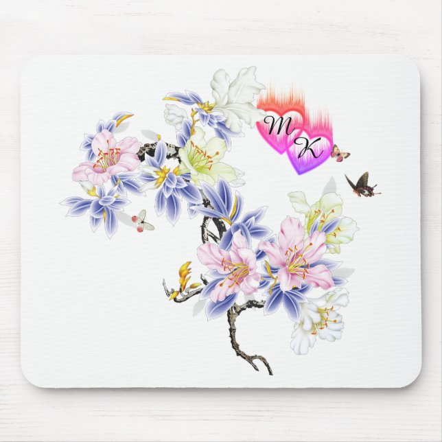 Double Monogram Flaming Hearts with Flowers Mouse Pad (Front)