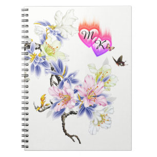 Double Monogram Flaming Hearts with Flowers Spiral Notebook