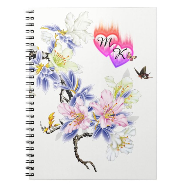 Double Monogram Flaming Hearts with Flowers Spiral Notebook (Front)