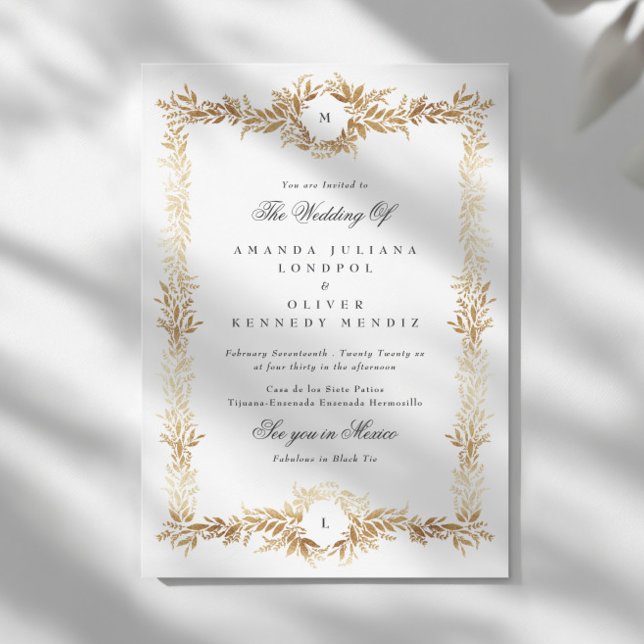 double monogram gold botanical frame wedding invitation (Creator Uploaded)