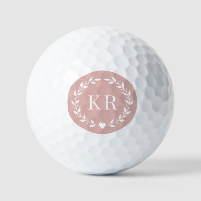Double Monogram Initials Blush Pink Laurel Golf Balls (Front)