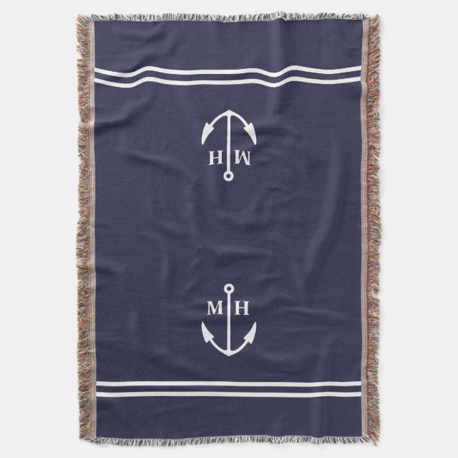 Double Navy Anchor Monogram Throw Blanket (Front Vertical)